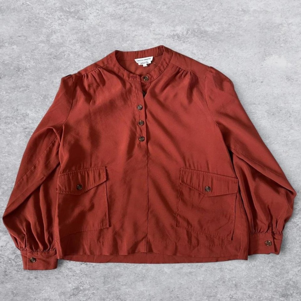 Native Youth Women Rust Terracotta Mandarin Collar‎ Utility Blouse Size L Large
